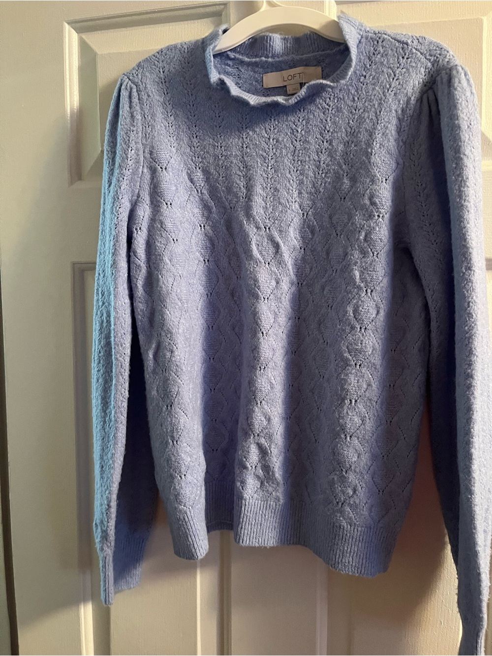 LOFT Light Periwinkle Pointelle Crewneck Sweater with Ruffle Collar